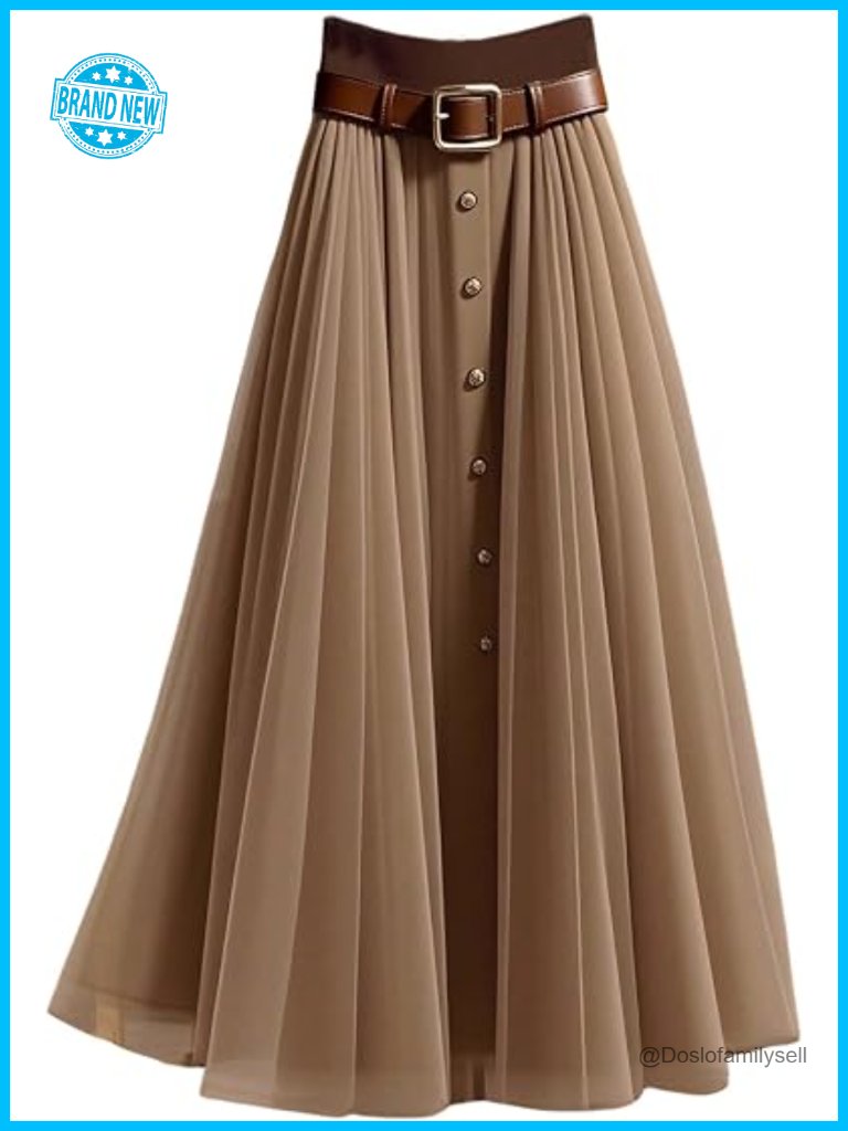 Mesh Pleated Long Flowy Maxi Skirt High Waisted A-Line Button Down
